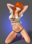  1girl black_panties breasts collarbone grey_eyes high_heels highres large_breasts long_hair lupin_iii mine_fujiko navel orange_hair panties print_shirt purple_footwear shirt short_sleeves solo t-shirt toten_(der_fuhrer) underwear white_shirt 