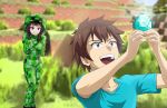  1boy 1girl :d absurdres arms_up blue_shirt blurry blurry_background brown_hair collarbone commentary cosplay creeper creeper_(cosplay) diamond_(gemstone) english_commentary grass green_eyes grin highres holding hood hoodie huge_filesize kono_subarashii_sekai_ni_shukufuku_wo! looking_at_another looking_up luizhtx megumin minecraft onesie open_mouth outdoors plant red_eyes satou_kazuma shirt short_hair_with_long_locks short_sleeves sleeves_past_fingers sleeves_past_wrists smile sparkle standing steve? steve?_(cosplay) t-shirt teeth 