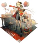  1girl ;d arknights balloon bangs black_footwear black_legwear black_skirt blonde_hair bucket bucket_of_chicken choker colonel_sanders confetti cup disposable_cup eyebrows_visible_through_hair food fried_chicken full_body hamburger hand_up hat head_tilt highres holding holding_bucket horns ifrit_(arknights) kfc kneehighs looking_at_viewer nail_polish norizc official_art one_eye_closed open_clothes open_mouth open_shirt party_hat red_choker red_eyes red_nails red_ribbon ribbon ribbon_choker shadow shirt shoes short_hair short_sleeves skirt smile solo standing stool stuffed_animal stuffed_owl stuffed_toy thigh_strap transparent_background white_shirt 