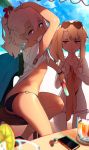  2girls arm_up ass backlighting bangs bare_shoulders beach bikini black_bikini_bottom blue_sky blush breasts cellphone chloe_von_einzbern chocpocalypse closed_mouth collarbone cup dark_skin drinking_glass fate/kaleid_liner_prisma_illya fate_(series) flower food fruit hair_flower hair_ornament highres illyasviel_von_einzbern lemon lemon_slice long_hair looking_at_viewer looking_to_the_side mouth_hold multiple_girls one_side_up open_mouth phone pink_hair ponytail popsicle purple_eyes red_eyes shade shirt shirt_lift short_sleeves sidelocks sky small_breasts smile swimsuit thighs white_bikini white_hair white_shirt 