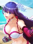  1girl :d abs aoba_(smartbeat) beach bikini blue_eyes blue_sky breasts choker cleavage clenched_hand commentary_request cross day earrings elbow_gloves fate/grand_order fate_(series) gauntlets gloves highres jewelry large_breasts long_hair navel ocean open_mouth pink_gloves purple_hair saint_martha saint_martha_(swimsuit_ruler)_(fate) sky smile solo swimsuit upper_body very_long_hair white_bikini white_choker 