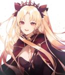  1girl bangs between_breasts blonde_hair blush bow breasts cape cleavage detached_collar earrings ereshkigal_(fate/grand_order) fate/grand_order fate_(series) gold_trim hair_bow highres hoop_earrings infinity jewelry long_hair long_sleeves looking_at_viewer medium_breasts necklace open_mouth parted_bangs red_bow red_cape red_eyes saibe simple_background skull smile solo spine tiara two_side_up white_background 