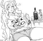  1girl :d =_= bare_shoulders bb_(baalbuddy) bottle boyshorts breasts cleavage closed_eyes clothes_writing dragon_horns drunk fuck-me_shirt greyscale highres holding horns huge_breasts kobayashi-san_chi_no_maidragon long_hair meme_attire monochrome open_mouth quetzalcoatl_(maidragon) sake_bottle simple_background sitting smile solo tank_top white_background 