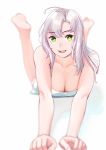  1girl antenna_hair bangs barefoot breasts cleavage collarbone eyebrows_visible_through_hair green_eyes grey_hair highres kantai_collection kinugasa_(kantai_collection) lying medium_breasts ojipon on_stomach open_mouth short_hair smile solo tank_top white_tank_top 