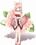  1girl animal_ears bangs bare_shoulders blush breasts brown_eyes brown_footwear cleavage closed_mouth collarbone commentary_request dress eyebrows_visible_through_hair flower fox_ears fox_girl fox_tail frilled_sleeves frills full_body hair_flower hair_ornament highres jacket long_hair long_sleeves looking_at_viewer medium_breasts open_clothes open_jacket parted_bangs pink_flower pink_hair red_dress see-through shadow shiro_(acad1213) shoes smile solo standing strapless strapless_dress tail talesshop white_background wide_sleeves 