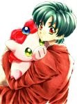  1boy blazer brown_eyes buurin_(tonde_buurin) character_doll green_hair hug jacket looking_back mizuno_kouichi school_uniform short_hair solo stuffed_toy tonde_buurin 