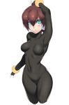  1girl aile blush bodystocking bodysuit breasts brown_hair gloves green_eyes groin hair_between_eyes looking_at_viewer protected_link robot_ears rockman rockman_zx short_hair simple_background skin_tight solo spandex ukimukai white_background 