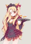  1girl absurdres alternate_costume animal_ears apron bangs black_apron black_dress black_gloves blonde_hair blush bow bowtie breasts cat_ears cup detached_collar dress drinking_glass earrings elbow_gloves ereshkigal_(fate/grand_order) fate/grand_order fate_(series) frills gloves gold_trim grey_background hair_bow highres hoop_earrings infinity jewelry long_hair looking_at_viewer maid_headdress open_mouth parted_bangs red_bow red_eyes short_dress solo tanako_(645316096) thighs tray two_side_up yellow_neckwear 