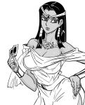  1girl bb_(baalbuddy) bracer breasts bright_pupils card circlet cleavage closed_mouth contrapposto dark_skin dress egyptian fingernails greyscale hair_tubes hand_on_hip highres holding holding_card ishizu_ishtar large_breasts long_hair looking_at_viewer millennium_necklace monochrome off-shoulder_dress off_shoulder sash simple_background solo standing white_background yuu-gi-ou yuu-gi-ou_duel_monsters 