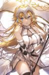  1girl armor armpit_crease bare_shoulders battle_standard black_gloves blonde_hair blue_eyes blurry breasts chain cleavage collar collarbone commentary cowboy_shot dress elbow_gloves fate/grand_order fate_(series) flag fur_trim gauntlets gloves headgear highres holding jeanne_d&#039;arc_(fate) jeanne_d&#039;arc_(fate)_(all) large_breasts long_hair looking_at_viewer parted_lips pillo simple_background sleeveless sleeveless_dress solo thighhighs thighs very_long_hair white_background white_dress 