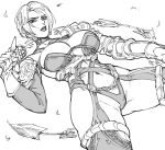  1girl armor bb_(baalbuddy) bikini_armor breasts choker closed_mouth dutch_angle elbow_gloves gloves greyscale highres holding holding_sword holding_weapon isabella_valentine large_breasts legs_apart lipstick looking_at_viewer makeup monochrome navel short_hair simple_background solo soulcalibur standing sword thighhighs toned weapon whip_sword white_background 