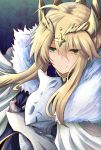  1girl ahoge artoria_pendragon_(all) artoria_pendragon_(lancer) blonde_hair braid breasts cape crown fate/grand_order fate_(series) fujitaka_nasu fur-trimmed_cape fur_trim green_eyes hair_between_eyes highres long_hair looking_at_viewer sidelocks solo 