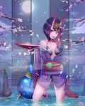 1girl alcohol artist_request bangs bare_shoulders barefoot_sandals bob_cut breasts bridal_gauntlets cherry_blossoms closed_mouth collarbone cup eyeliner fate/grand_order fate_(series) full_moon gourd headpiece highres horns japanese_clothes kimono kneeling long_sleeves looking_at_viewer makeup moon night night_sky obi off_shoulder oni oni_horns petals pouring purple_eyes purple_hair purple_kimono revealing_clothes rock sakazuki sake sash short_eyebrows short_hair shuten_douji_(fate/grand_order) skin-covered_horns sky small_breasts smile solo thighs tongue tongue_out tree_branch water wide_sleeves 