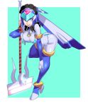  1girl android blue_eyes blue_hair bodystocking bodysuit boots breasts cleavage gloves helmet holding leviathan_(rockman) long_hair looking_at_viewer open_mouth protected_link rockman smile solo swimsuit thigh_boots thighhighs ukimukai weapon 