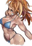  1girl alternate_costume bandaid bandaid_on_face bikini blue_bikini blue_eyes bokkusu breasts captain_mizuki cleavage cropped_arms cropped_legs earrings high_ponytail jewelry large_breasts lips long_hair looking_at_viewer messy_hair muscle muscular_female navel nose one-punch_man orange_hair solo swimsuit tan thick_thighs thighs toned underboob 