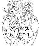  1girl bb_(baalbuddy) breasts clothes_writing covered_nipples cropped_shirt curled_horns curly_hair facial_mark forehead_mark fuck-me_shirt greyscale highres horns long_hair looking_at_viewer meme_attire monochrome muscle muscular_female one_eye_closed original parted_lips sheep_girl sheep_horns short_sleeves simple_background solo underboob upper_body white_background 