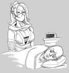  1boy 1girl bald bb_(baalbuddy) breasts cleavage clock digital_clock grey_background greyscale hair_ornament hairpin highres large_breasts lying mask monochrome mouth_mask ninja on_side original pillow scarf simple_background sweatdrop under_covers wide-eyed 