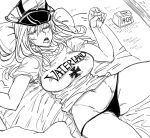  1girl bb_(baalbuddy) bismarck_(kantai_collection) breasts clock closed_eyes clothes_writing cowboy_shot digital_clock futon greyscale hair_between_eyes hands_up hat highres kantai_collection large_breasts lying monochrome on_back open_mouth panties peaked_cap pillow saliva shirt solo spread_legs tatami underwear 