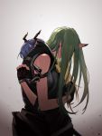  arknights arm_scarf bare_shoulders blue_hair ch&#039;en_(arknights) clothes_around_waist commentary_request dragon_horns fingerless_gloves from_side gloves green_hair highres holding_another horn horns hoshiguma_(arknights) hug jacket_around_waist long_hair oni_horn oni_horns pointy_ears scar shirt shirt_around_waist skin-covered_horns sleeveless sleeveless_shirt ting_(machi_nakahara) 