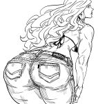  1girl amazon_(company) amazon_(dragon&#039;s_crown) ass ass_visible_through_thighs bare_shoulders bb_(baalbuddy) bikini_top breasts closed_mouth cowboy_shot curly_hair denim dragon&#039;s_crown greyscale highres jeans large_breasts leaning_forward long_hair monochrome pants profile simple_background solo white_background 