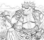  1boy axe bags_under_eyes bb_(baalbuddy) belt bracer closed_mouth dragon_quest dragon_quest_viii facial_hair facial_scar fat greyscale hand_on_own_knee highres looking_at_viewer male_focus monochrome nose_picking outdoors sack scar scar_on_cheek sitting solo spiked_helmet stubble yangus 