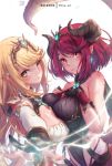  2girls asymmetrical_docking blonde_hair breast_press breasts cleavage closed_mouth dragon_girl dragon_horns dragon_tail fantasy hikari_(xenoblade_2) homura_(xenoblade_2) horns large_breasts long_hair looking_at_viewer mitsu_(mitsu_art) multiple_girls patreon_username pointy_ears red_eyes red_hair scales short_hair simple_background tail white_background xenoblade_(series) xenoblade_2 yellow_eyes 
