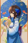  1girl 2020 arrow bangs belt blue_eyes blue_flower blue_kimono bob_cut brown_hair chinese_zodiac commentary cowboy_shot fish flower foliage from_side goldfish hair_flower hair_ornament hamaya highres holding_arrow japanese_clothes kimono light_blush light_smile looking_at_viewer looking_to_the_side new_year obi original patterned_background red_belt sash short_hair sidelocks solo sorami_sachi year_of_the_rat 