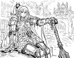  1girl :&lt; arm_support armor bangs bb_(baalbuddy) blunt_bangs breastplate cape castle chainmail closed_mouth faulds full_armor gauntlets greaves greyscale hand_on_hilt highres knight looking_at_viewer mace medium_hair mole mole_under_mouth monochrome original planted_weapon ponytail shoulder_armor sitting solo spaulders unfinished_background weapon 