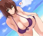  1girl bangs bare_shoulders beach bikini blue_sky breasts brown_hair cleavage clenched_hand collarbone dutch_angle eyebrows_visible_through_hair front-tie_top green_eyes hair_between_eyes halterneck hand_on_ass heart highres large_breasts leaning_forward looking_at_viewer medium_hair mhs mikado_ryouko ocean sand shore side-tie_bikini sky smile swimsuit to_love-ru water 