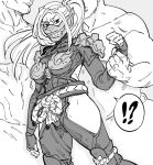  !? 1girl 2boys bb_(baalbuddy) clothed_female_nude_male fingerless_gloves gloves greyscale highres long_hair looking_at_viewer mask monochrome monster_hunter mouth_mask multiple_boys nude odogaron_(armor) ponytail sash side_cutout spoken_interrobang standing sweatdrop wrist_grab you_gonna_get_raped 