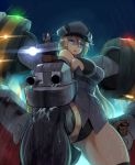  1girl aiming_at_viewer ass_visible_through_thighs bismarck_(kantai_collection) black_panties blonde_hair blue_eyes breasts brown_gloves detached_sleeves from_below gloves grey_legwear hat highres kantai_collection large_breasts long_hair looking_at_viewer maku_ro military military_uniform no_pants open_mouth panties peaked_cap rain rigging sideboob sleeveless solo thighhighs thighs underwear uniform water wet 