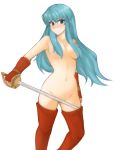  1girl aqua_eyes aqua_hair archived_source ass_visible_through_thighs blush boots breasts closed_mouth collarbone convenient_censoring curvy eirika_(fire_emblem) embarrassed eyebrows_visible_through_hair facing_to_the_side fingerless_gloves fire_emblem fire_emblem:_the_sacred_stones fire_emblem_heroes gloves hair_between_eyes hair_over_breasts highres long_hair looking_at_viewer medium_breasts navel nude rapier solo sword thighhighs thighs transparent_background tridisart very_long_hair visible_ears walking weapon 