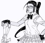  1girl bb_(baalbuddy) bow bowtie collared_shirt cowboy_shot fingerless_gloves glasses gloves greyscale gun hand_on_hip highres holding long_hair looking_at_viewer monochrome overwatch plaid plaid_skirt pleated_skirt ponytail school_uniform shirt short_sleeves simple_background skirt solo standing very_long_hair vest weapon white_background widowmaker_(overwatch) wing_collar 