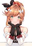  1girl alternate_hairstyle aoi_(kirabosi105) bare_shoulders black_gloves clarisse_(granblue_fantasy) collarbone gloves granblue_fantasy green_eyes hair_bun hair_ribbon highres looking_at_viewer orange_hair ribbon solo 