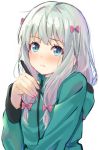  1girl aqua_jacket bangs blue_eyes blush bow closed_mouth commentary_request eromanga_sensei eyebrows_visible_through_hair fingernails frown hair_bow highres hofumaso holding holding_stylus izumi_sagiri jacket long_hair long_sleeves nail_polish pink_bow pink_nails sidelocks silver_hair simple_background solo stylus track_jacket upper_body white_background 