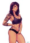  1girl arm_tattoo black_bra black_hair black_shorts bra breasts brown_eyes cleavage dark_skin eye_of_horus eyeshadow facial_tattoo from_side hair_tubes hand_on_hip hand_under_clothes hand_under_shorts iahfy looking_at_viewer makeup medium_breasts medium_hair navel overwatch pharah_(overwatch) short_shorts shorts shoulder_tattoo side_braids solo sports_bra standing tattoo thighs toned underwear 