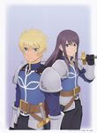  absurdres armor artist_request black_eyes black_hair blonde_hair blue_background blue_eyes flynn_scifo highres male_focus multiple_boys official_art scan sword tales_of_(series) tales_of_vesperia tales_of_vesperia:_the_first_strike weapon yuri_lowell 