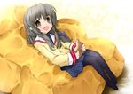  asterisk_(artist) black_hair brown_eyes clannad couch hikarizaka_private_high_school_uniform ibuki_fuuko long_hair pantyhose school_uniform solo starfish 