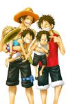  bandages carrying dual_persona hat male_focus monkey_d_luffy multiple_boys one_piece portgas_d_ace smile time_paradox younger 