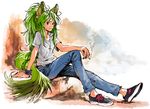 animal_ears armband cigarette commentary denim dog_ears green_hair jeans jewelry long_hair matsuda_(matsukichi) necklace original pants ponytail sitting smoking solo tail very_long_hair 