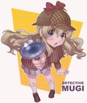  blonde_hair blue_eyes cosplay deerstalker detective foreshortening hands hat k-on! kotobuki_tsumugi landolt_tamaki long_hair magnifying_glass perspective solo 