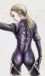  1girl ass blonde_hair bodysuit female jill_valentine long_hair natural_wedgie ponytail resident_evil resident_evil_5 solo vagrantstory wedgie white_background 