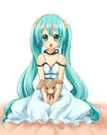  :&lt; aqua_eyes aqua_hair bunny dress hatsune_miku izumi_yuu_(mee) long_hair open_mouth seiza sitting solo twintails very_long_hair vocaloid 