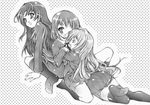  aisaka_taiga aruteido closed_eyes greyscale highres hug kawashima_ami kushieda_minori long_hair monochrome multiple_girls one_eye_closed school_uniform short_hair thighhighs toradora! 