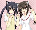  animal_ears black_hair brown_eyes brown_hair cat_ears crossover k-on! long_hair look-alike minami-ke minami_kana multiple_girls nakano_azusa open_mouth paw_pose polka_dot polka_dot_background school_uniform sidelocks smile twintails yuubararin 