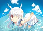  animal_ears arched_back bow cloud day dj_max dj_max_portable dress flat_chest flower h2so4 hair_flower hair_ornament lace long_hair ocean one_eye_closed red_eyes ribbon silver_hair sky smile solo suee water 