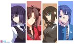  absurdres aqua_eyes black_hair blazer blue_eyes blue_hair bored brown_hair ciel cigarette fate/stay_night fate_(series) formal glasses hair_ribbon highres jacket kara_no_kyoukai kokutou_azaka kuonji_alice lighter mahou_tsukai_no_yoru multiple_girls necktie purple_eyes ribbon shirt short_hair smoking striped striped_shirt suit toosaka_rin tsukihime tsukii_tsukato two_side_up type-moon vest 