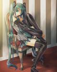  bad_id bad_pixiv_id boots chair detached_sleeves green_eyes green_hair hatsune_miku hiyococo knee_up leg_hug long_hair necktie sitting skirt solo striped thigh_boots thighhighs twintails very_long_hair vocaloid 