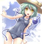  bare_shoulders cloud day green_hair hat heart heart_of_string komeiji_koishi one-piece_swimsuit outdoors school_swimsuit short_hair sky solo sun swimsuit touhou yellow_eyes yoshi_tama 