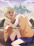  2boys blonde_hair blue_hair child inazuma_eleven inazuma_eleven_(series) kazemaru_ichirouta long_hair lowres miyasaka_ryou multiple_boys shota tan track trap 